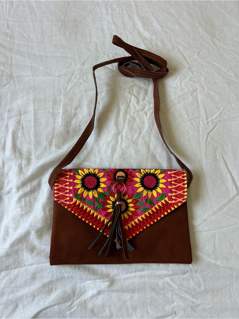 Handmade Mexican Embroidered Sunflower Crossbody Bag Boho Floral Purse